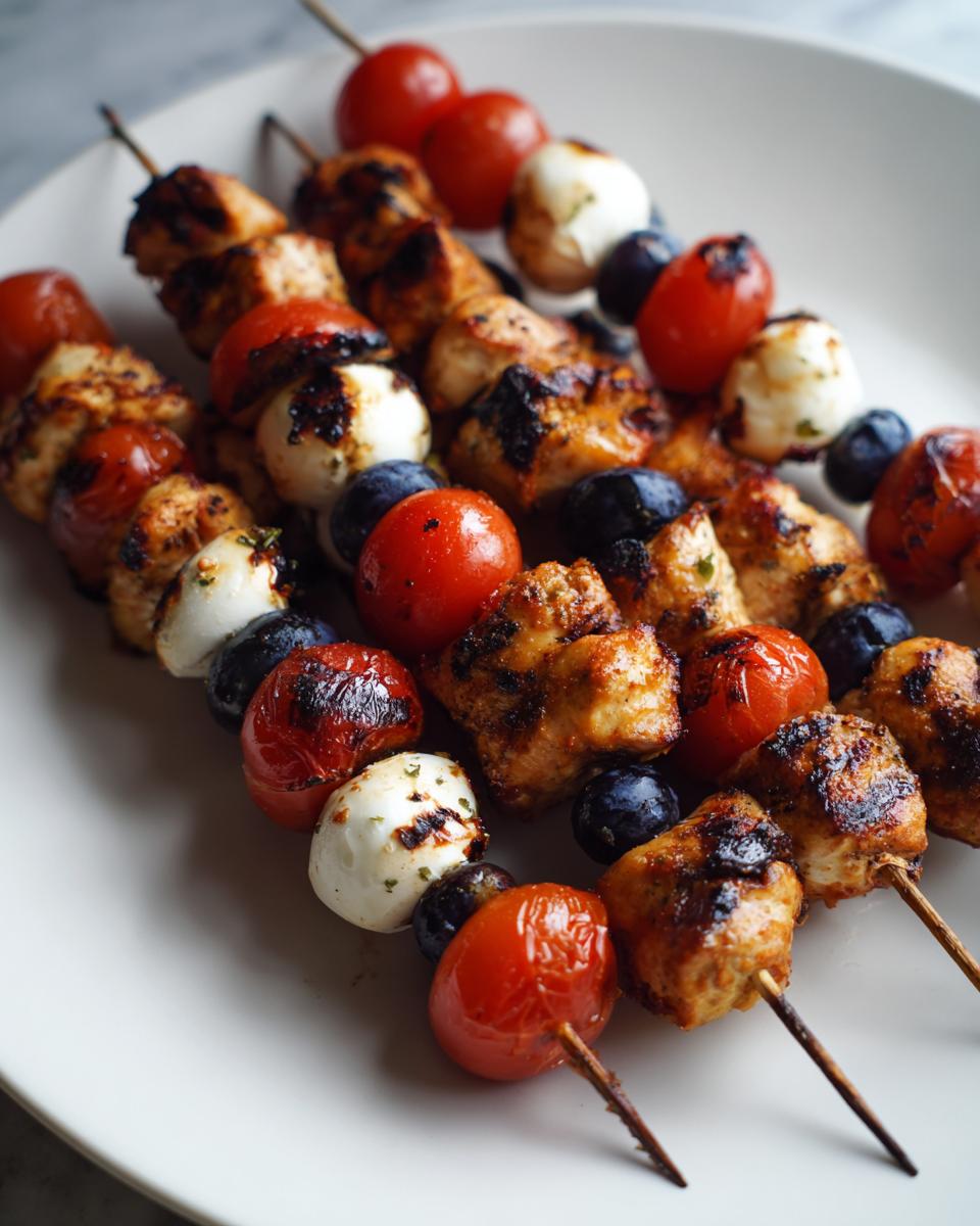 Close-up of grilled Star Spangled Skewers featuring chicken, cherry tomatoes, mozzarella balls, and blueberries on a white plate.