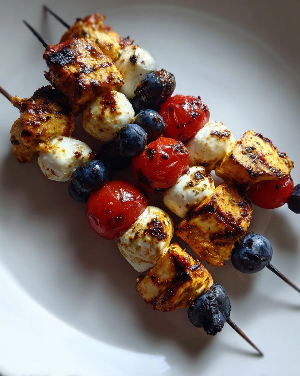 Two grilled Star Spangled Skewers featuring grilled chicken/tofu, mozzarella balls, cherry tomatoes, and blueberries on a white plate.