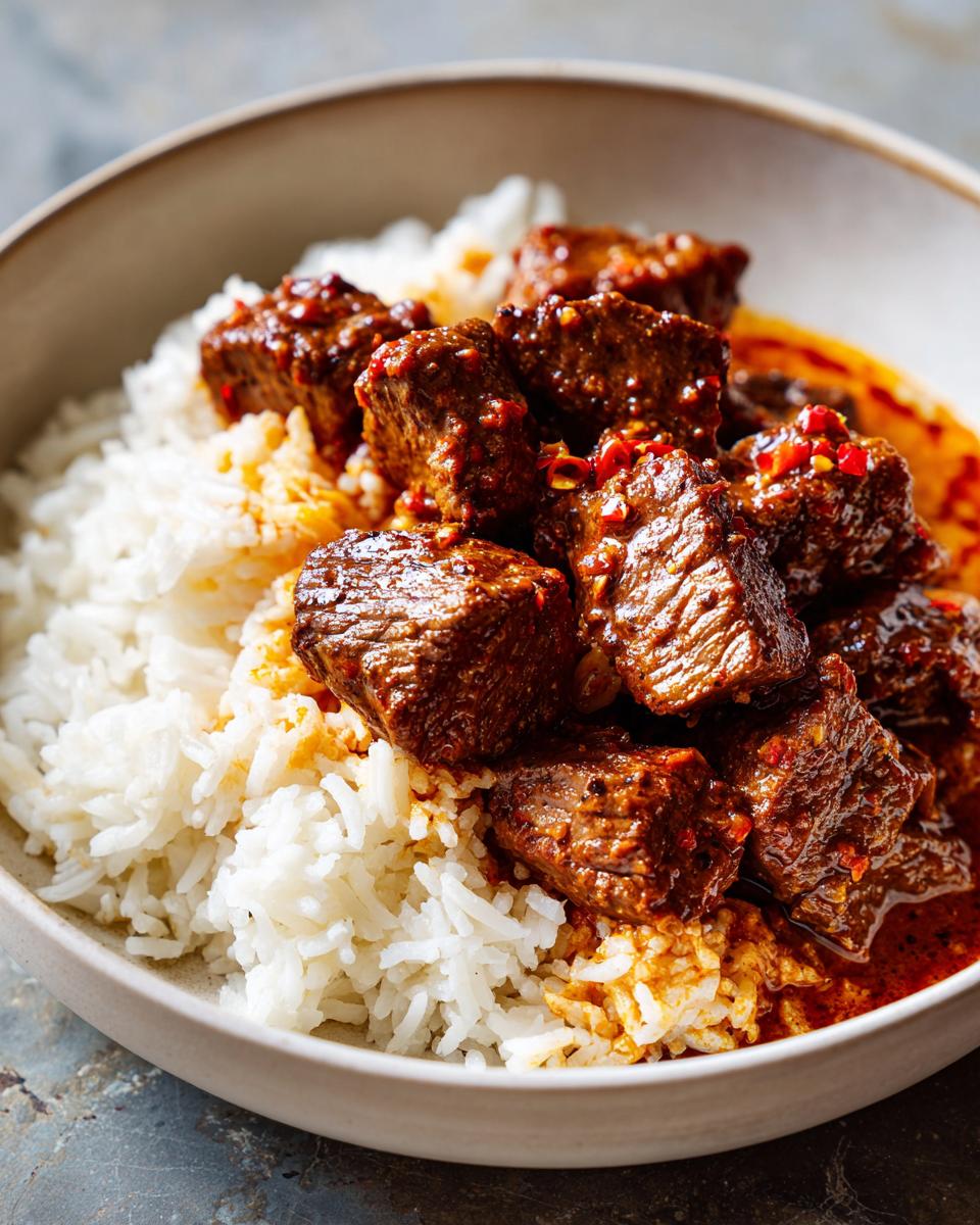 Close-up of tender steak cubes coated in a rich, red sauce served over fluffy white rice, part of the Steak Queso Rice dish.