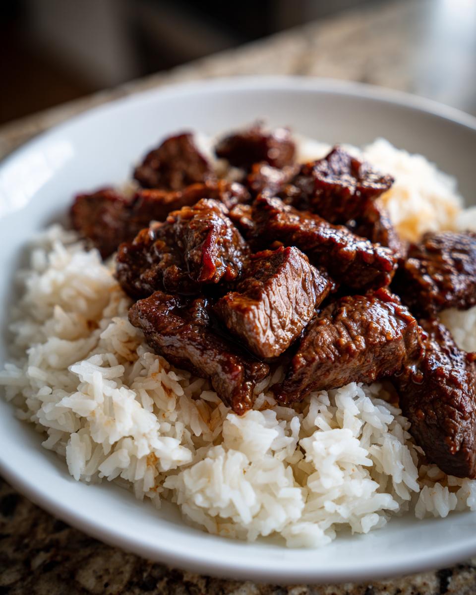 Close-up of tender, saucy steak pieces served over a bed of fluffy white rice, representing Steak Queso Rice.