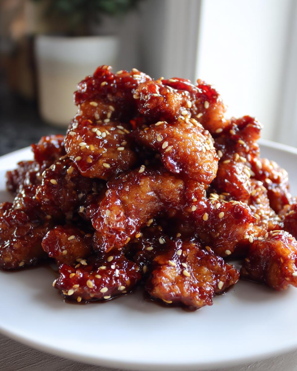 A close-up of a pile of glazed, crispy Sesame Chicken pieces sprinkled with white sesame seeds.