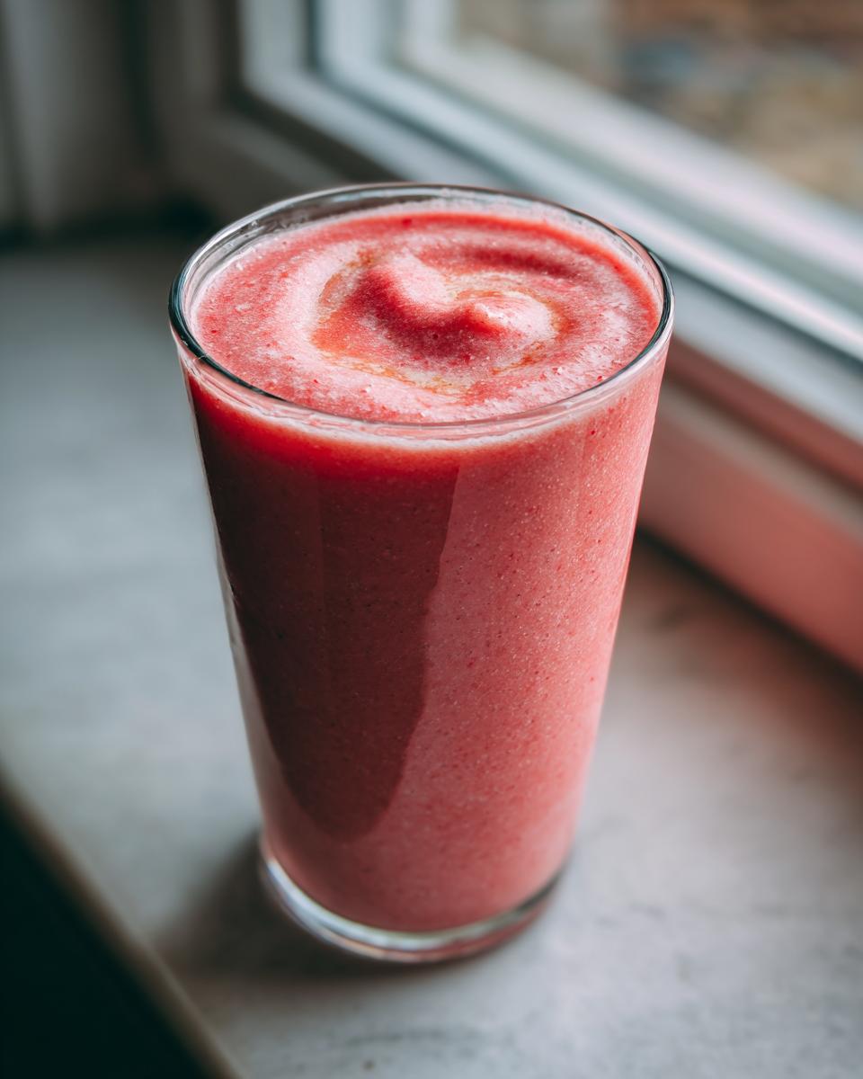 Close-up of a vibrant pink Strawberry Almond Swirl Smoothie in a tall glass, resting by a window.