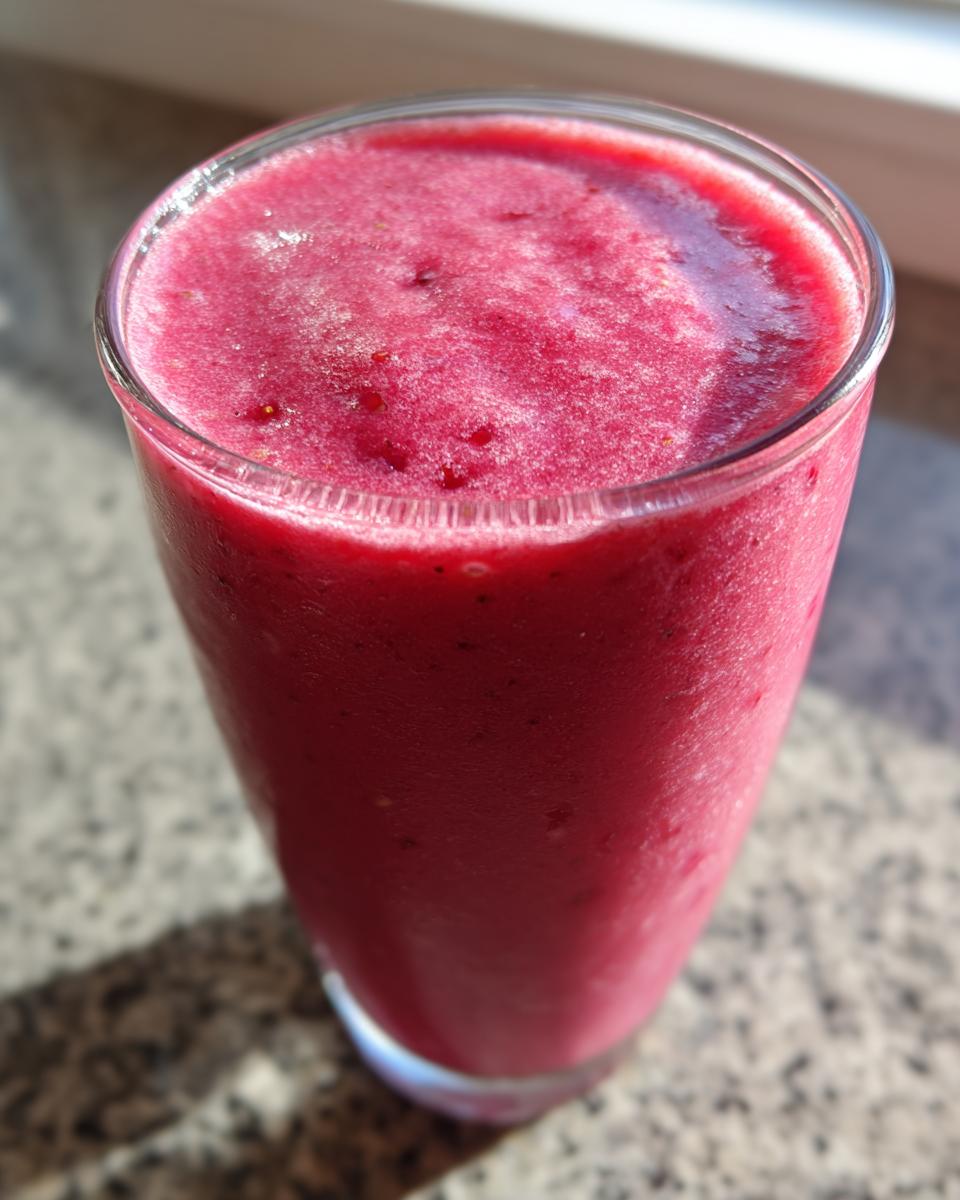 Close-up of a vibrant, thick Strawberry Almond Swirl Smoothie in a clear glass, sitting on a speckled countertop.