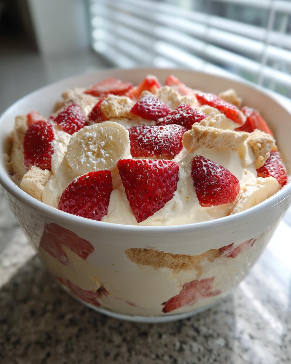 A white bowl filled with layers of creamy Strawberry Banana Pudding, topped with fresh strawberries, banana slices, and powdered sugar.