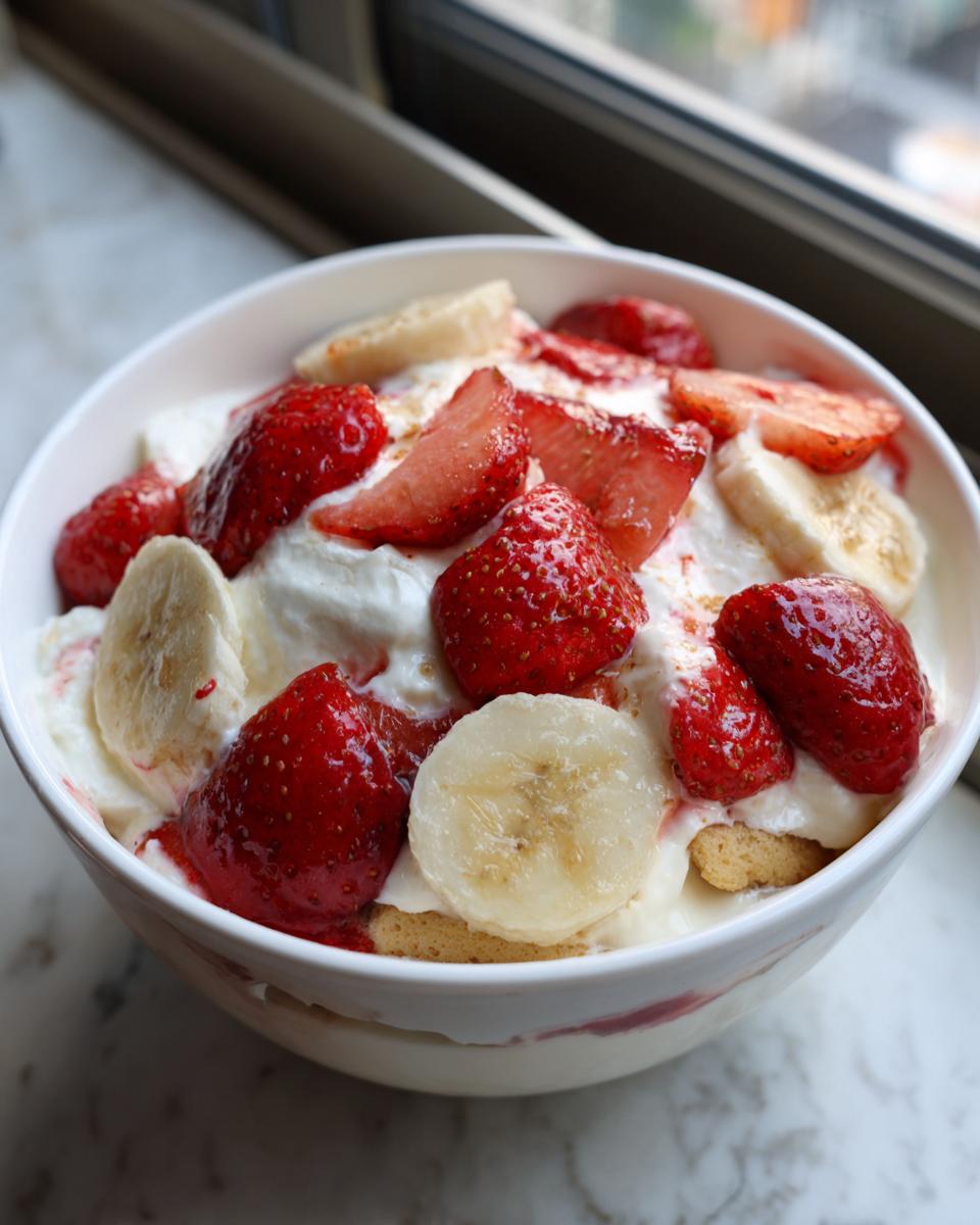 A close-up of a white bowl filled with layers of Strawberry Banana Pudding, topped with fresh strawberries and banana slices.