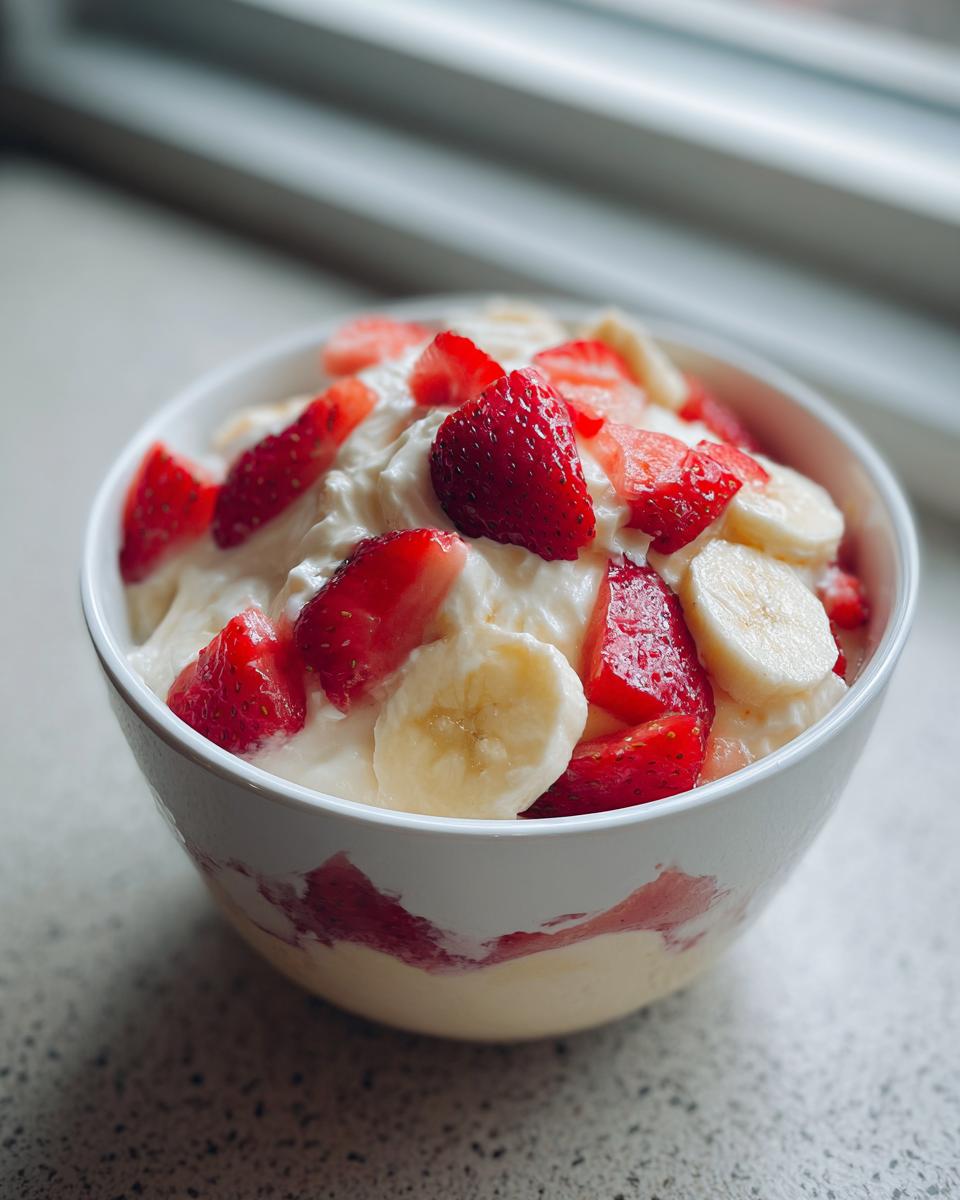 Close-up of a white bowl filled with creamy Strawberry Banana Pudding topped with fresh sliced strawberries and bananas.