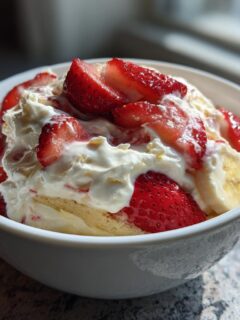 A close-up of a white bowl filled with layers of cake, whipped cream, sliced strawberries, and bananas, representing Strawberry Banana Pudding.