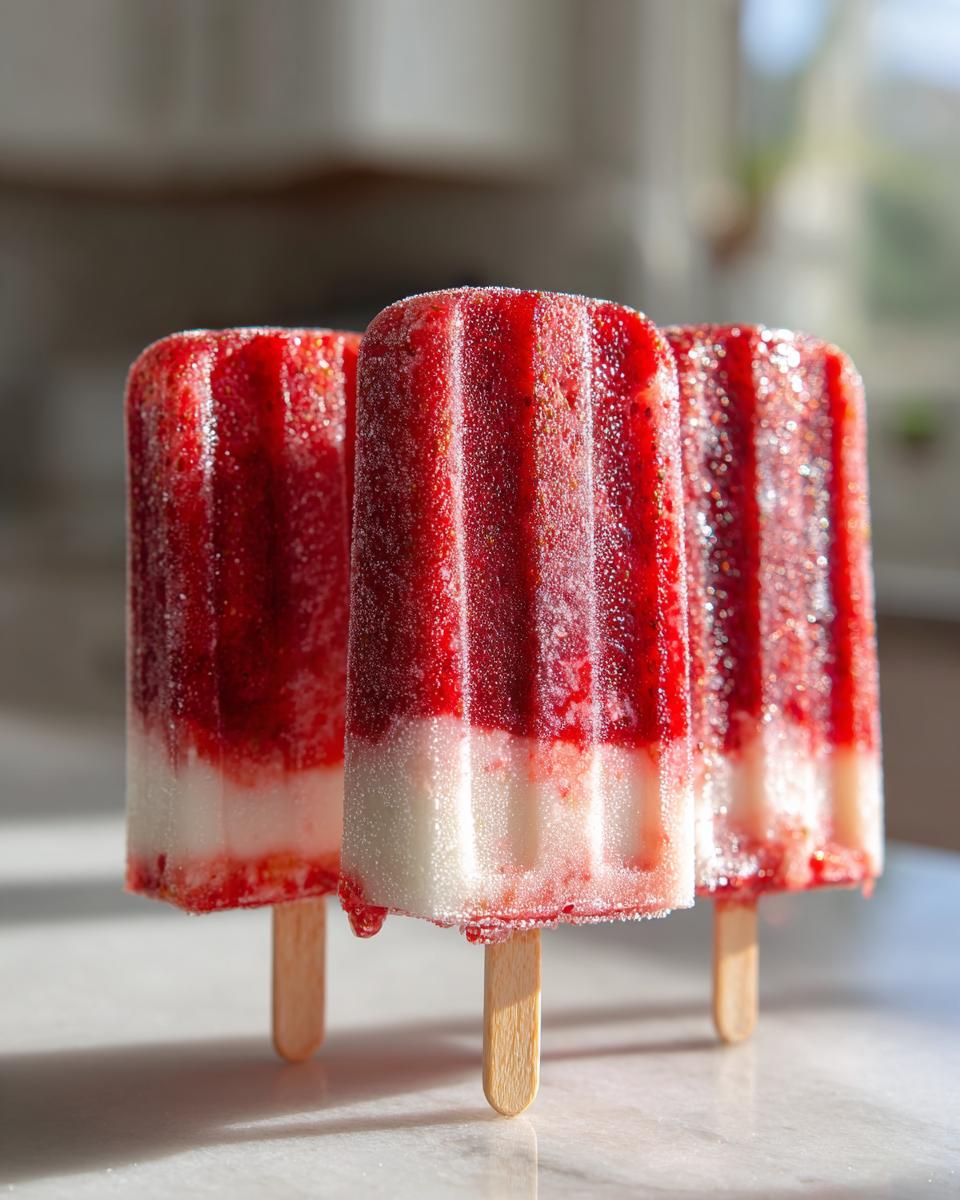 Three vibrant, frozen Strawberry Breakfast Popsicles showing distinct red and white layers, standing upright on a counter.