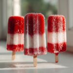 Three layered Strawberry Breakfast Popsicles, red and white, covered in frost and condensation.