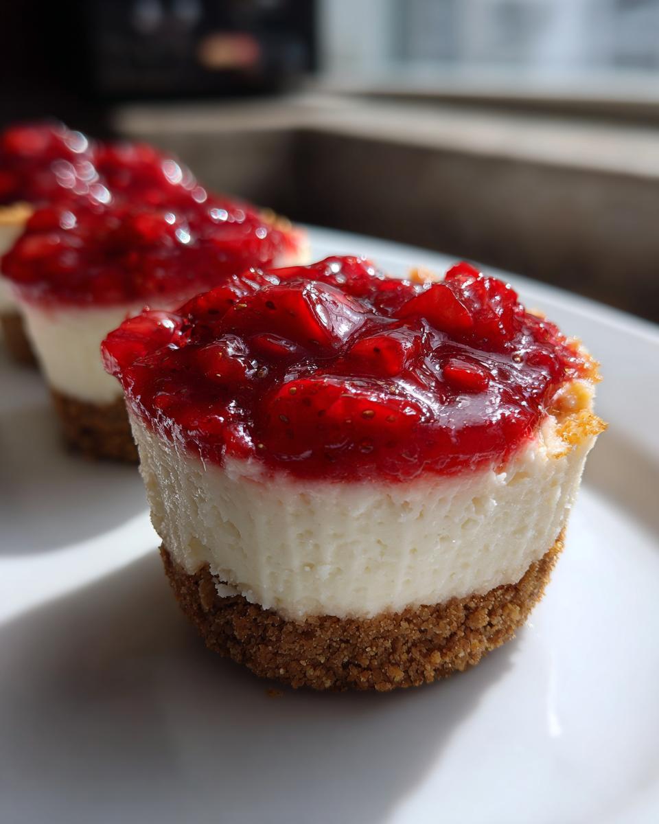 A close-up of a single Strawberry Cheesecake Cup with a thick graham cracker crust and bright red strawberry topping.
