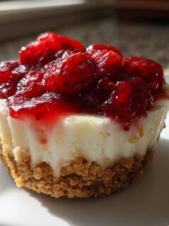 Close-up of a single Strawberry Cheesecake Cup with a thick graham cracker crust and bright red strawberry topping.