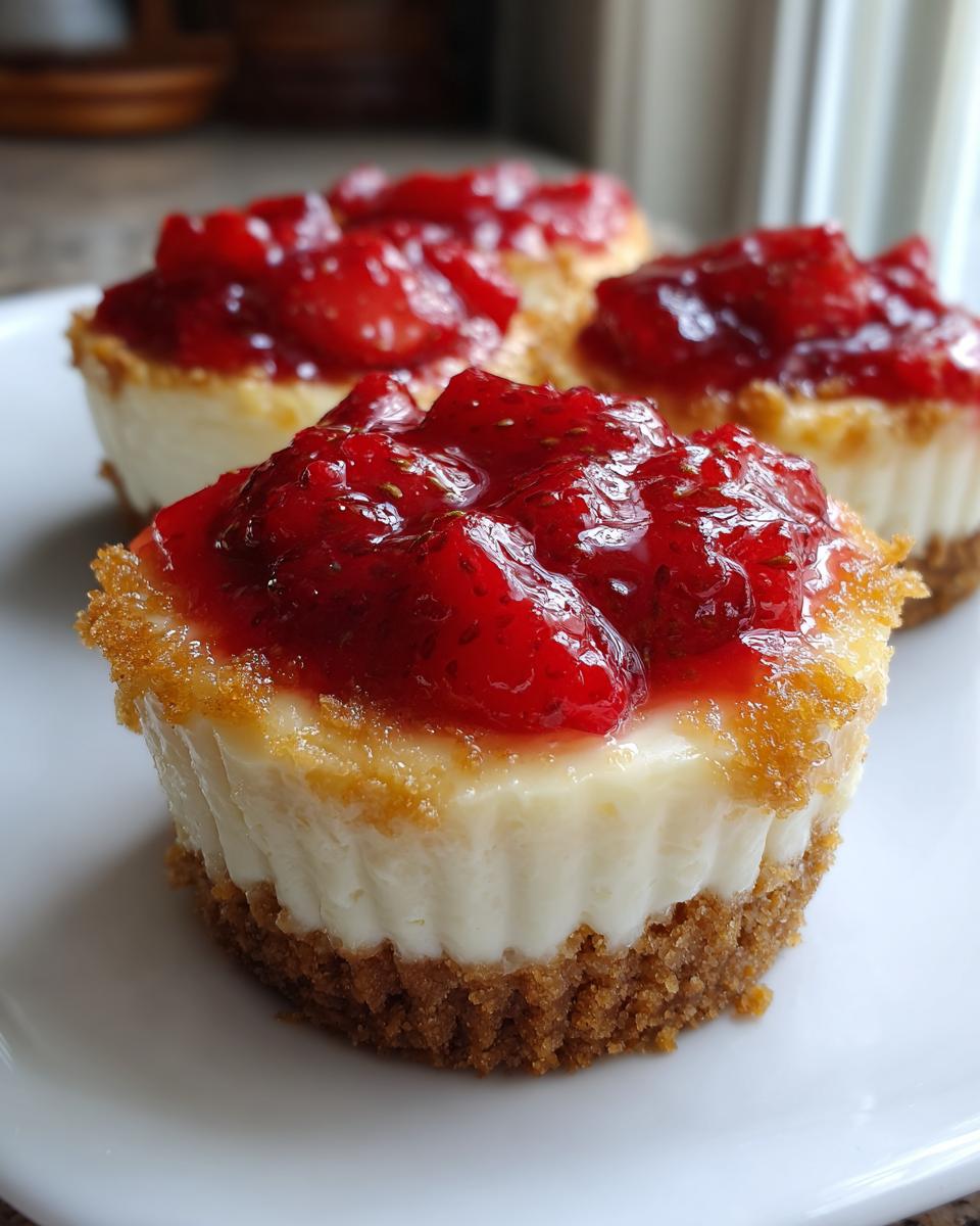 A close-up of a single Strawberry Cheesecake Cup with a thick graham cracker crust and bright red strawberry topping.