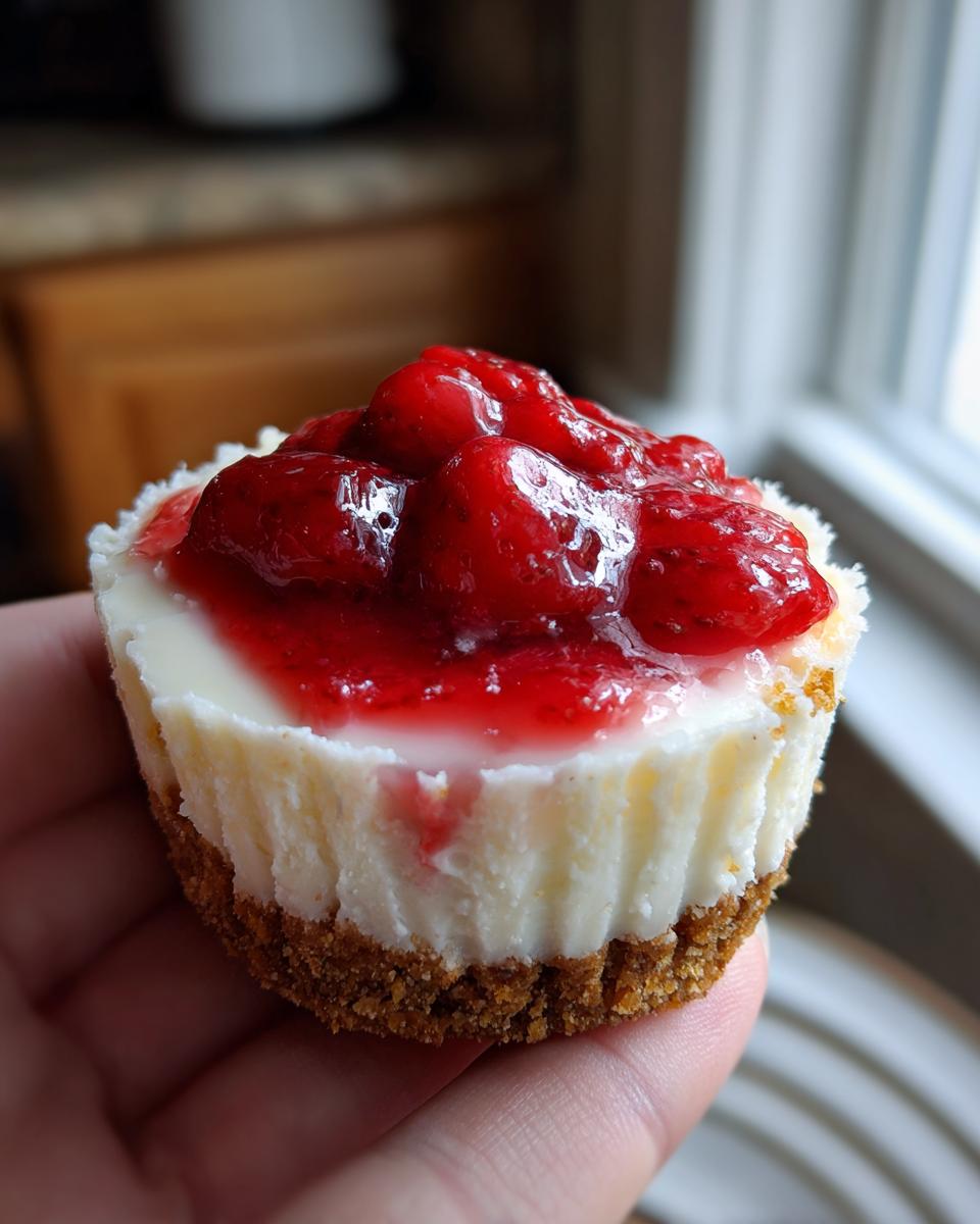 Close-up of a single Strawberry Cheesecake Cup with graham cracker crust and strawberry topping, held up to a window.