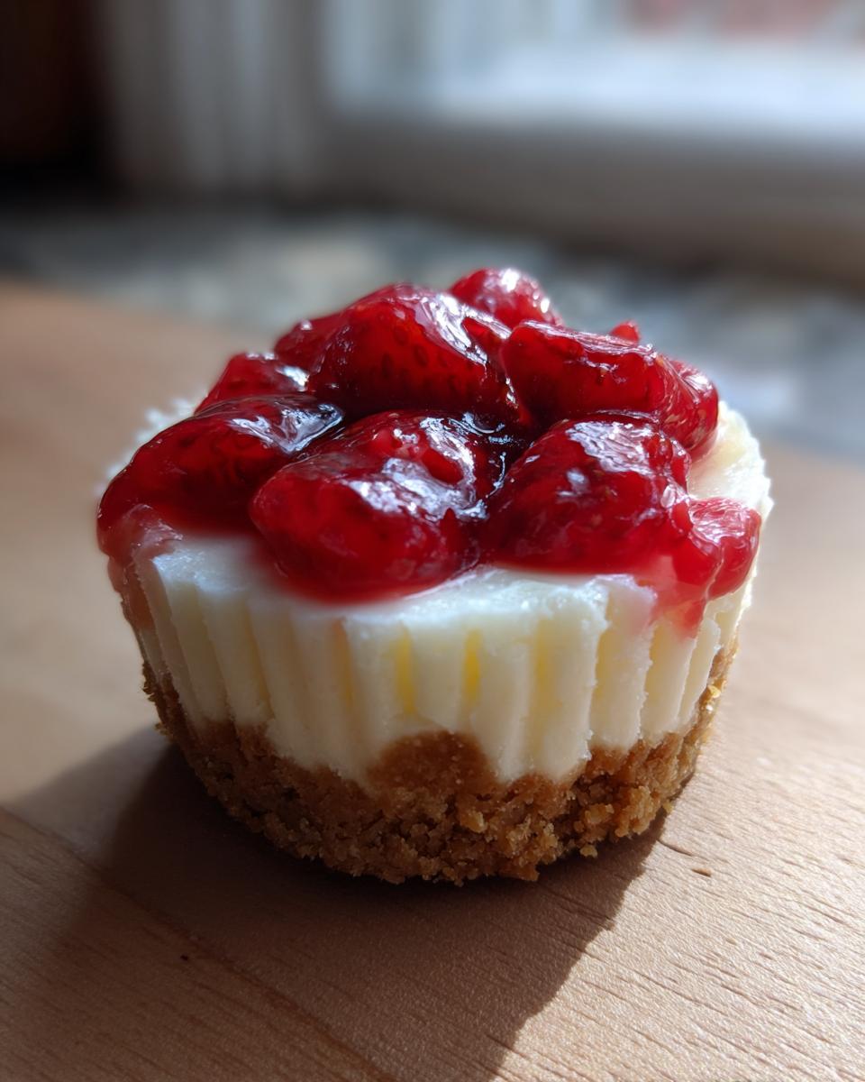 A single, perfectly formed Strawberry Cheesecake Cup with a graham cracker crust and bright red strawberry topping.
