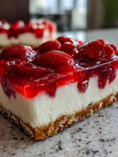 A close-up, featured image of a perfect slice of Strawberry Pretzel Salad showing the pretzel crust, cream cheese layer, and strawberry topping.
