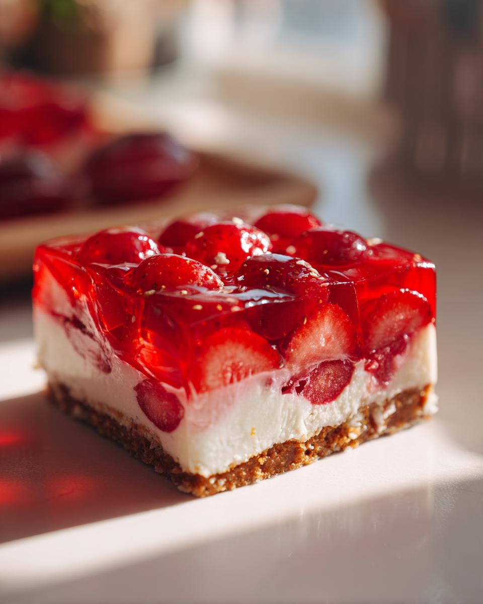 Close-up of a square slice of Strawberry Pretzel Salad showing the pretzel crust, cream cheese layer, and bright red strawberry gelatin top.