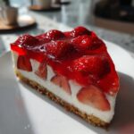 A perfect slice of Strawberry Pretzel Salad showing the pretzel crust, cream cheese layer, and bright red strawberry gelatin topping.