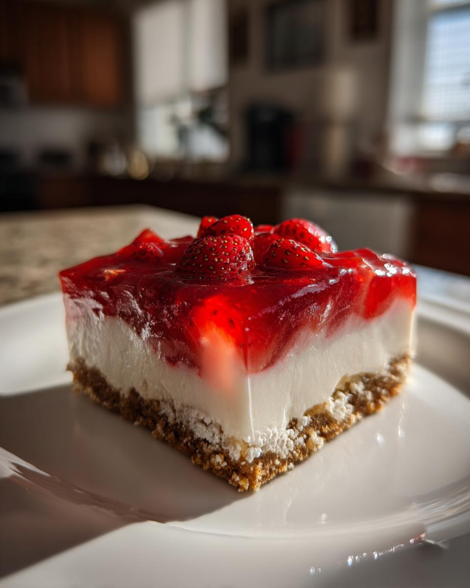 Close-up of a perfect square slice of Strawberry Pretzel Salad showing the pretzel crust, cream cheese layer, and strawberry topping.