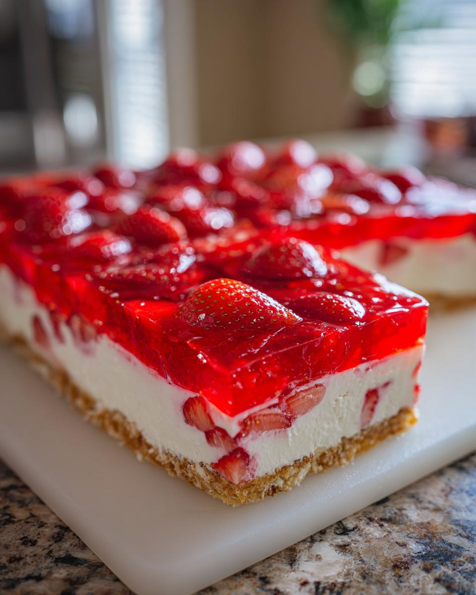 Close-up of a thick slice of Strawberry Pretzel Salad showing the pretzel crust, cream cheese layer, and bright red strawberry gelatin topping.