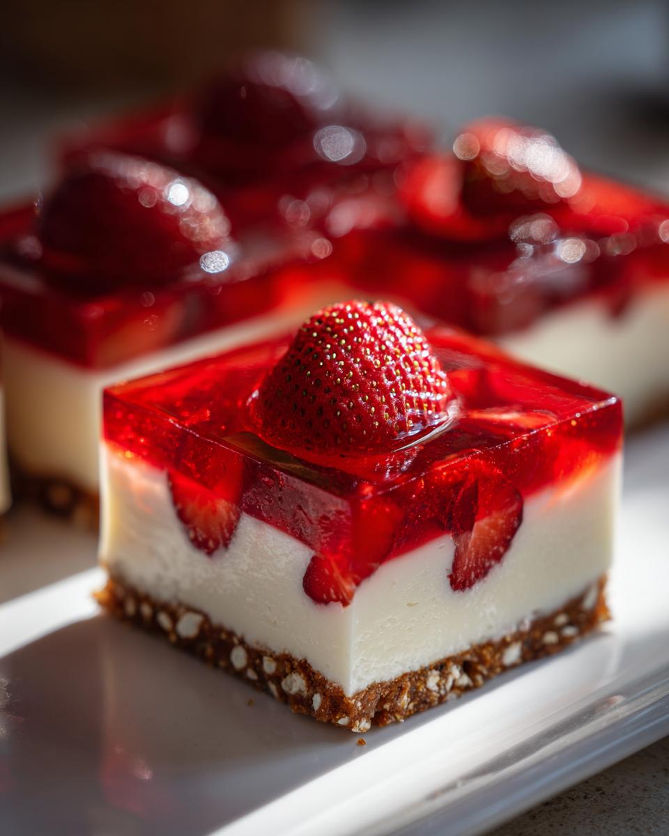 Close-up of a square slice of Strawberry Pretzel Salad showing the pretzel crust, cream cheese layer, and bright red gelatin top.