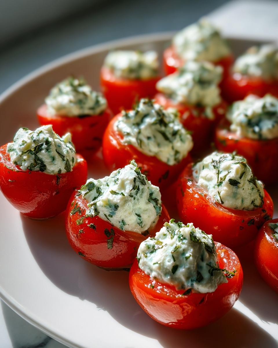Close-up of bright red Stuffed Cherry Tomatoes With Herbed Cream Cheese arranged on a white plate.