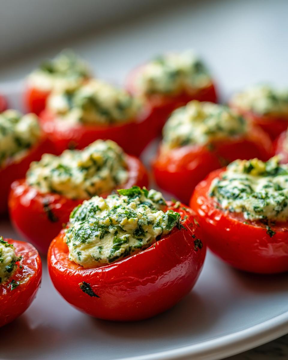 Close-up of bright red Stuffed Cherry Tomatoes With Herbed Cream Cheese arranged on a white plate.