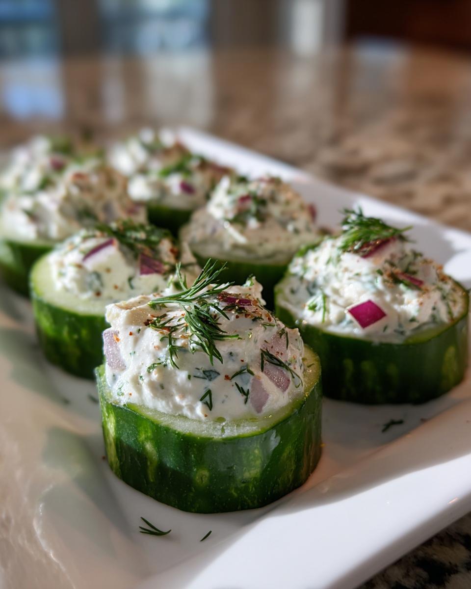 Close-up of several Stuffed Cucumber Bites filled with creamy cheese, red onion, and dill, served on a white platter.