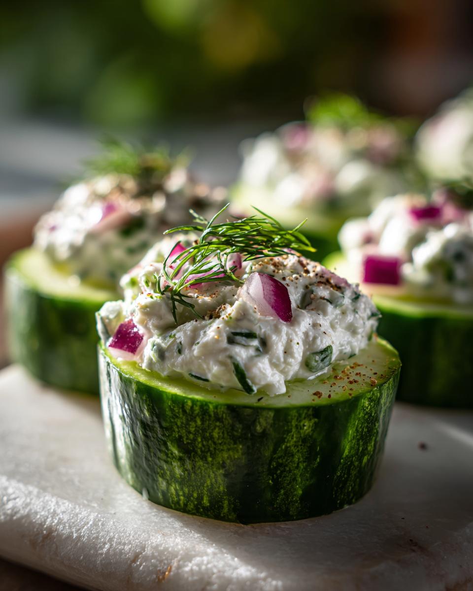 A close-up of one of the Stuffed Cucumber Bites, featuring creamy filling, red onion, and fresh dill garnish.