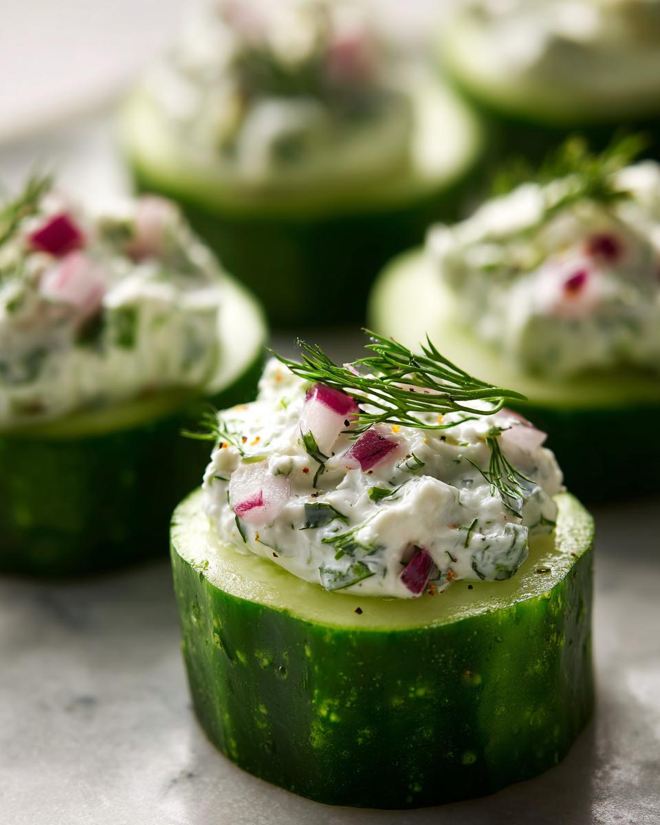 Close-up of one of the Stuffed Cucumber Bites topped with creamy filling, red onion, and fresh dill.