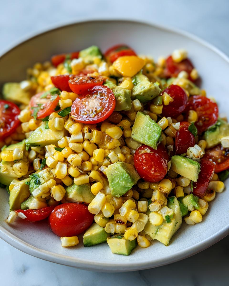 Close-up of a vibrant Summer Corn Salad With Avocado, featuring charred corn kernels, diced avocado, and halved cherry tomatoes.
