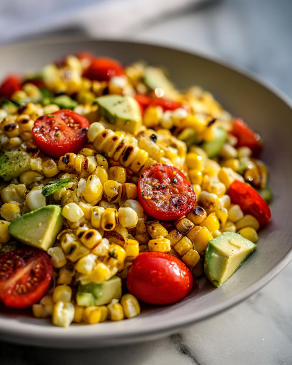 Close-up of a vibrant Summer Corn Salad With Avocado, featuring grilled corn kernels, cherry tomatoes, and avocado chunks.