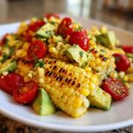 Close-up of grilled corn on the cob pieces mixed with avocado chunks and halved cherry tomatoes in a Summer Corn Salad With Avocado.