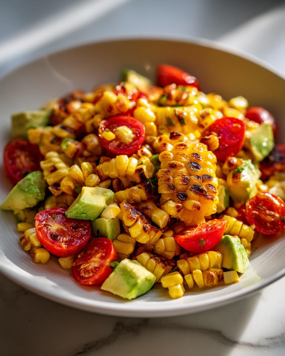 Close-up of grilled corn kernels mixed with diced avocado and halved cherry tomatoes in a Summer Corn Salad.