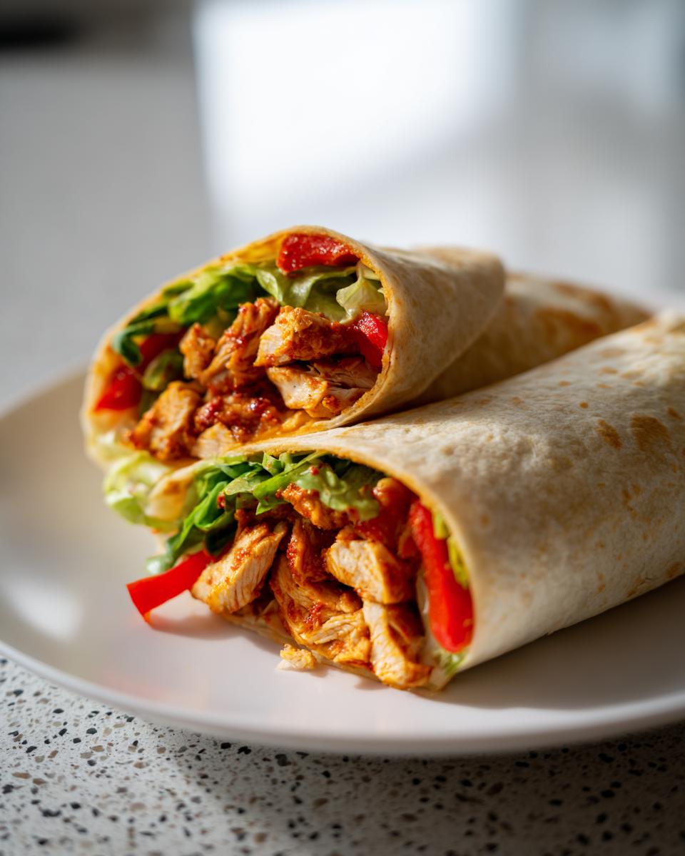 Two halves of a Sweet Chili Chicken Wraps, filled with saucy chicken, lettuce, and red peppers, resting on a white plate.