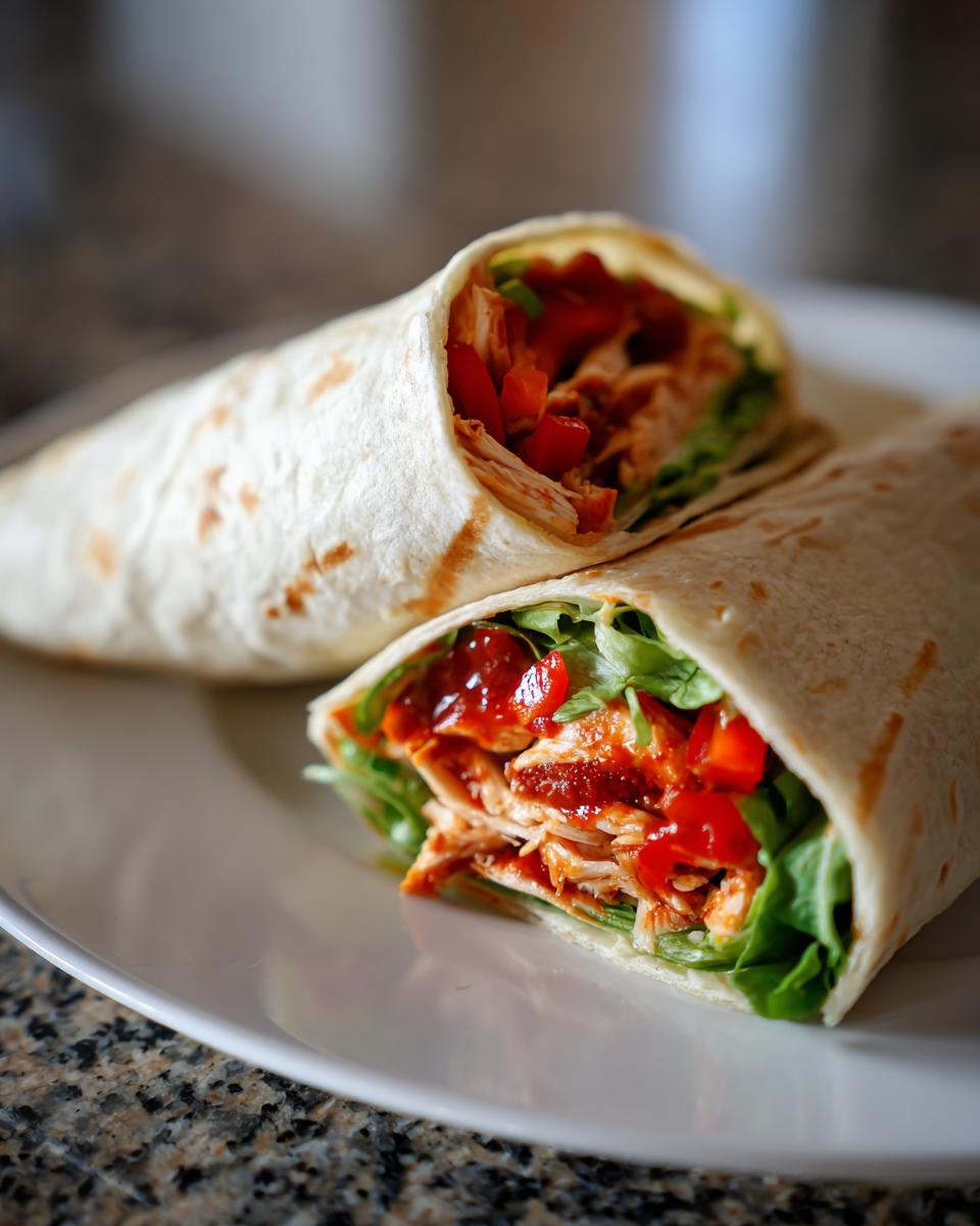 Two halves of a Sweet Chili Chicken Wraps, showing shredded chicken, lettuce, and red peppers drizzled with sauce.