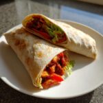 Two halves of a delicious Sweet Chili Chicken Wraps filled with saucy chicken, lettuce, and red pepper on a white plate.