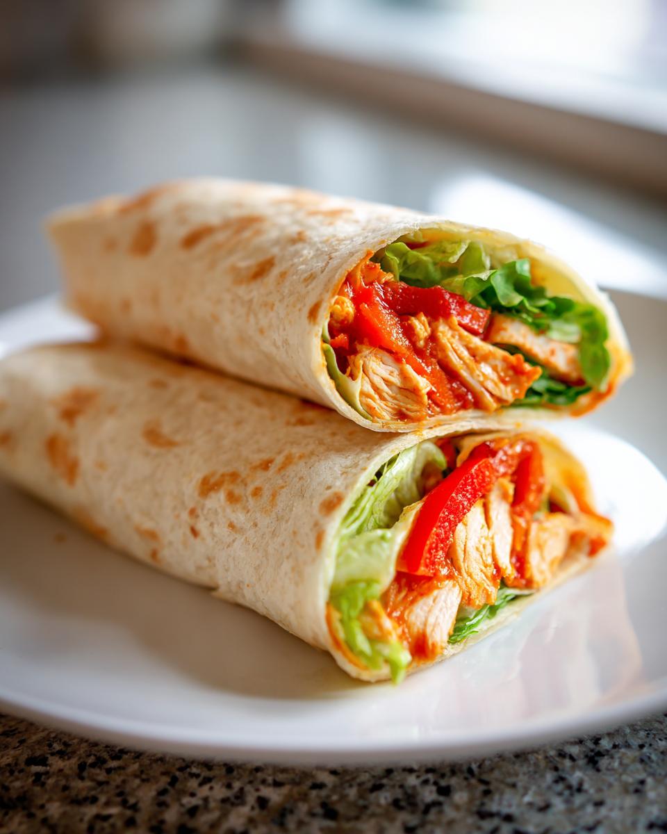 Two halves of Sweet Chili Chicken Wraps stacked on a white plate, showing shredded chicken, lettuce, and red pepper.