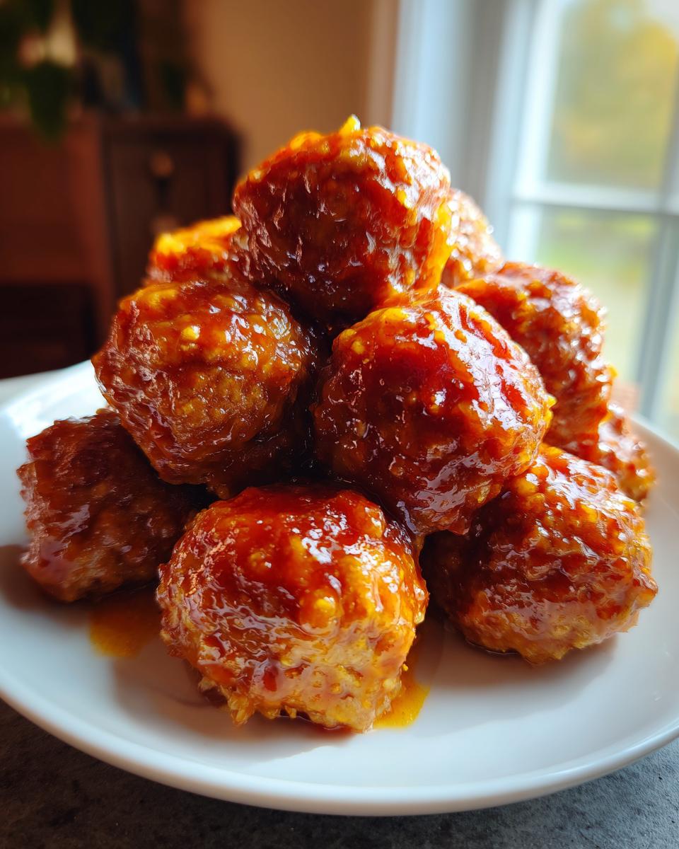 A close-up stack of juicy Sweet Chili Sauce Turkey Meatballs glistening with a thick, orange-red glaze on a white plate.