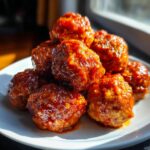 A close-up of several glistening Sweet Chili Sauce Turkey Meatballs piled high on a white plate.