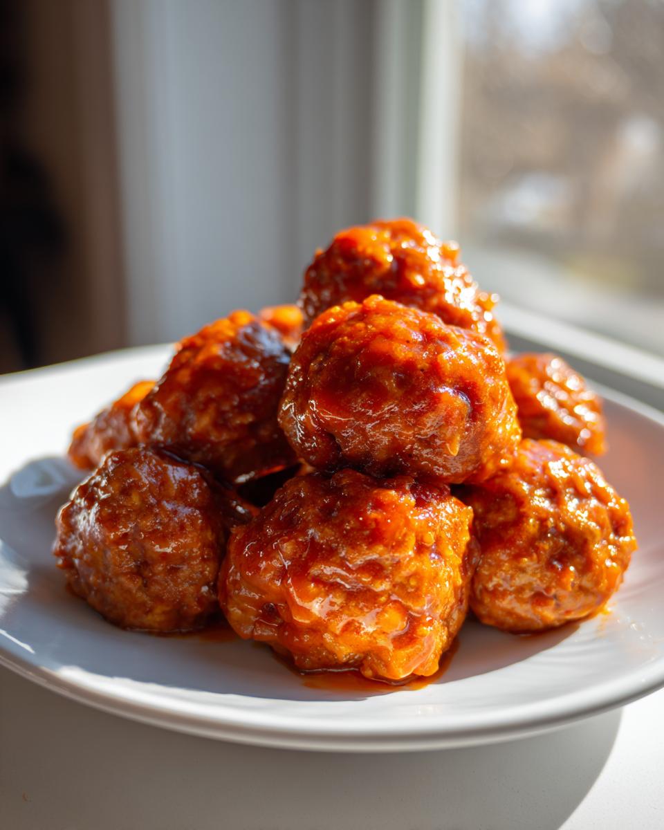 A close-up of several Sweet Chili Sauce Turkey Meatballs piled on a white plate, backlit by a window.