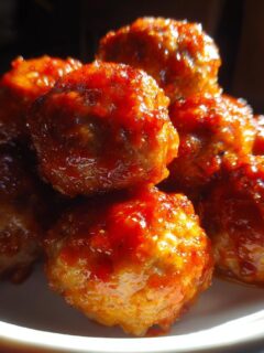 Close-up of several glistening Sweet Chili Sauce Turkey Meatballs piled high in a white bowl.