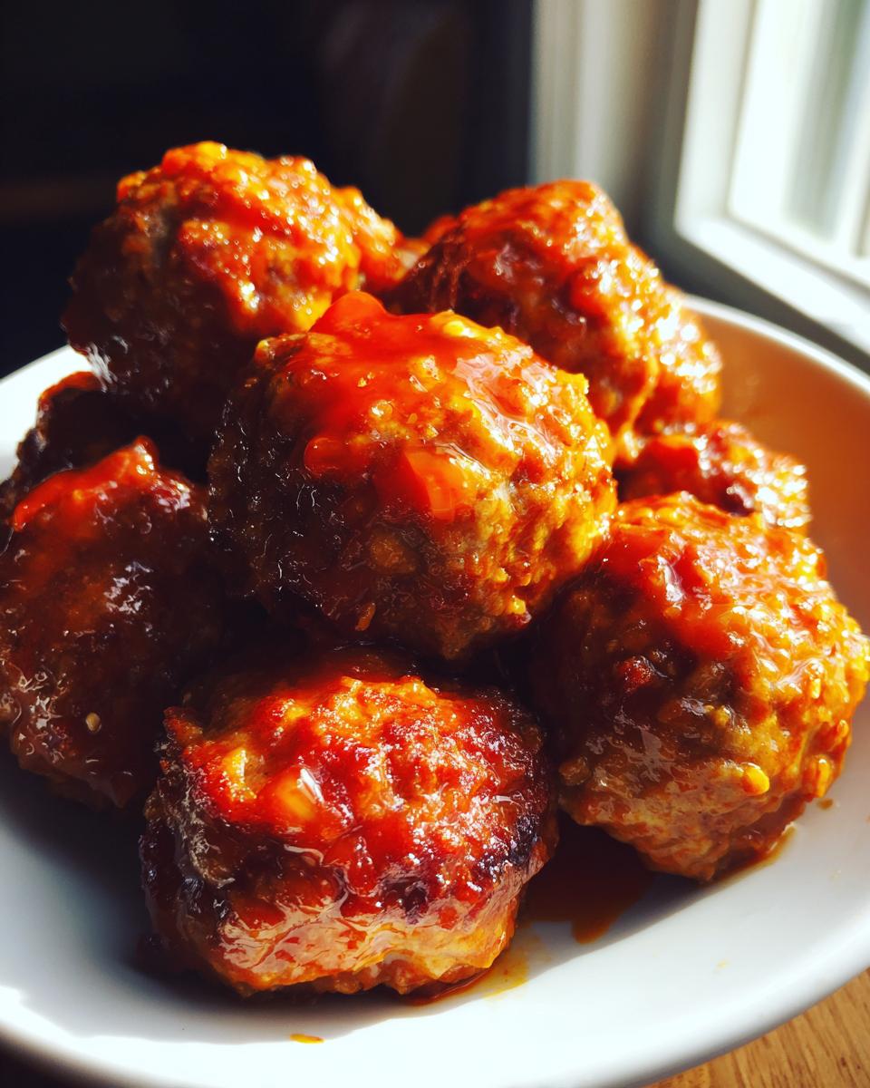 A close-up of several Sweet Chili Sauce Turkey Meatballs piled high in a white bowl, glistening with sauce.