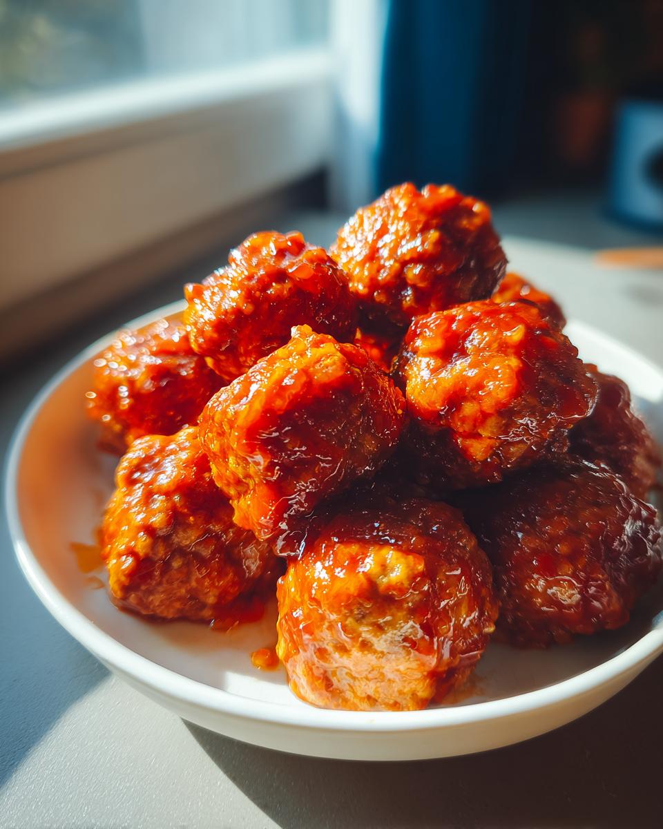 A close-up of several glistening Sweet Chili Sauce Turkey Meatballs piled high on a white dish.