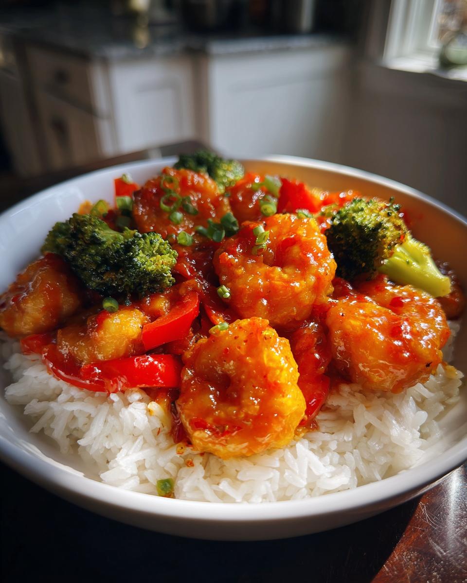 Close-up of Sweet Chili Shrimp Stir Fry served over white rice with broccoli florets and red peppers.