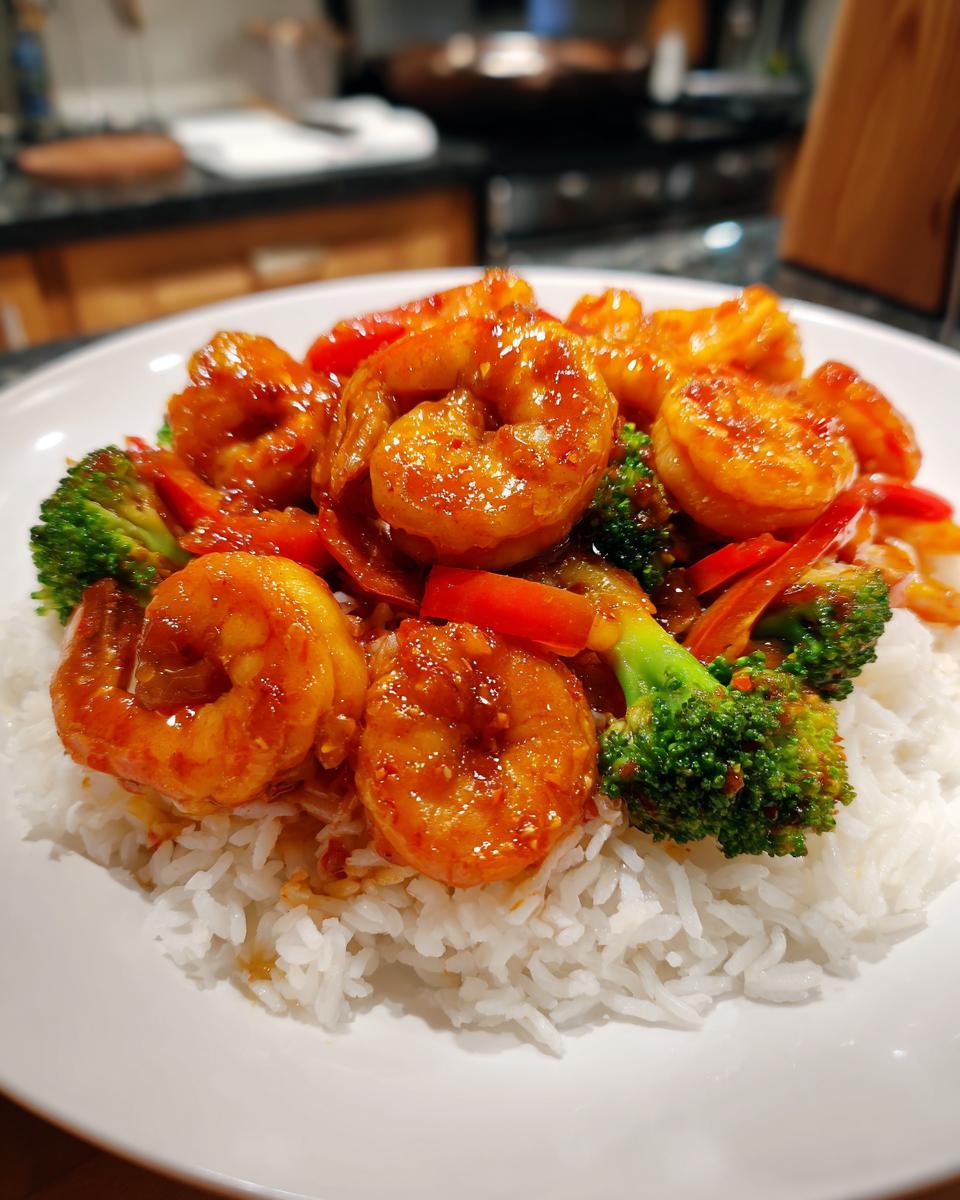 A close-up of Sweet Chili Shrimp Stir Fry served over white rice with bright red peppers and green broccoli florets.