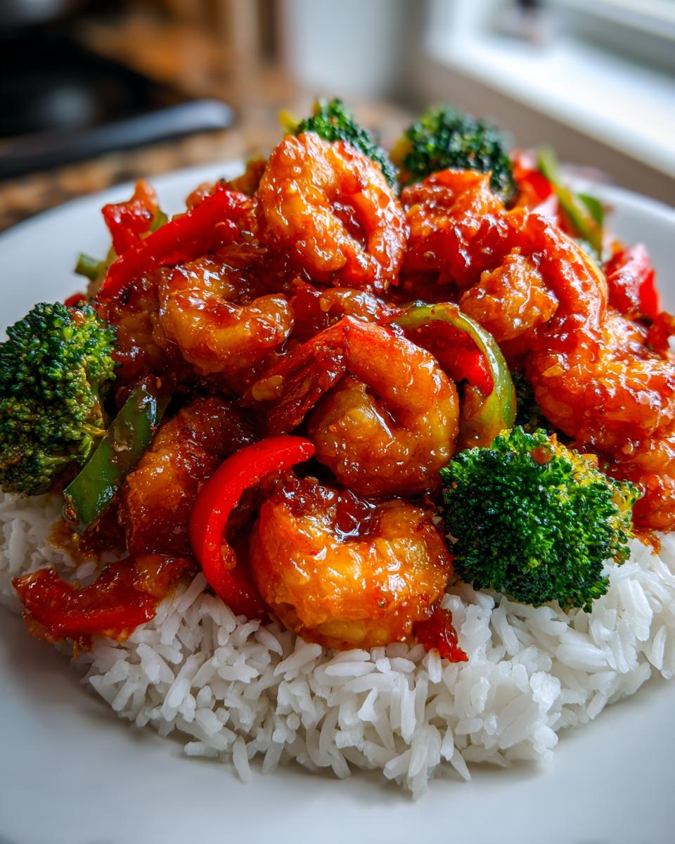 Close-up of Sweet Chili Shrimp Stir Fry with broccoli and peppers served over fluffy white rice.