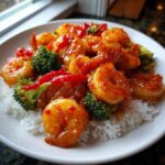 Close-up of Sweet Chili Shrimp Stir Fry with broccoli and red peppers served over a bed of white rice on a white plate.
