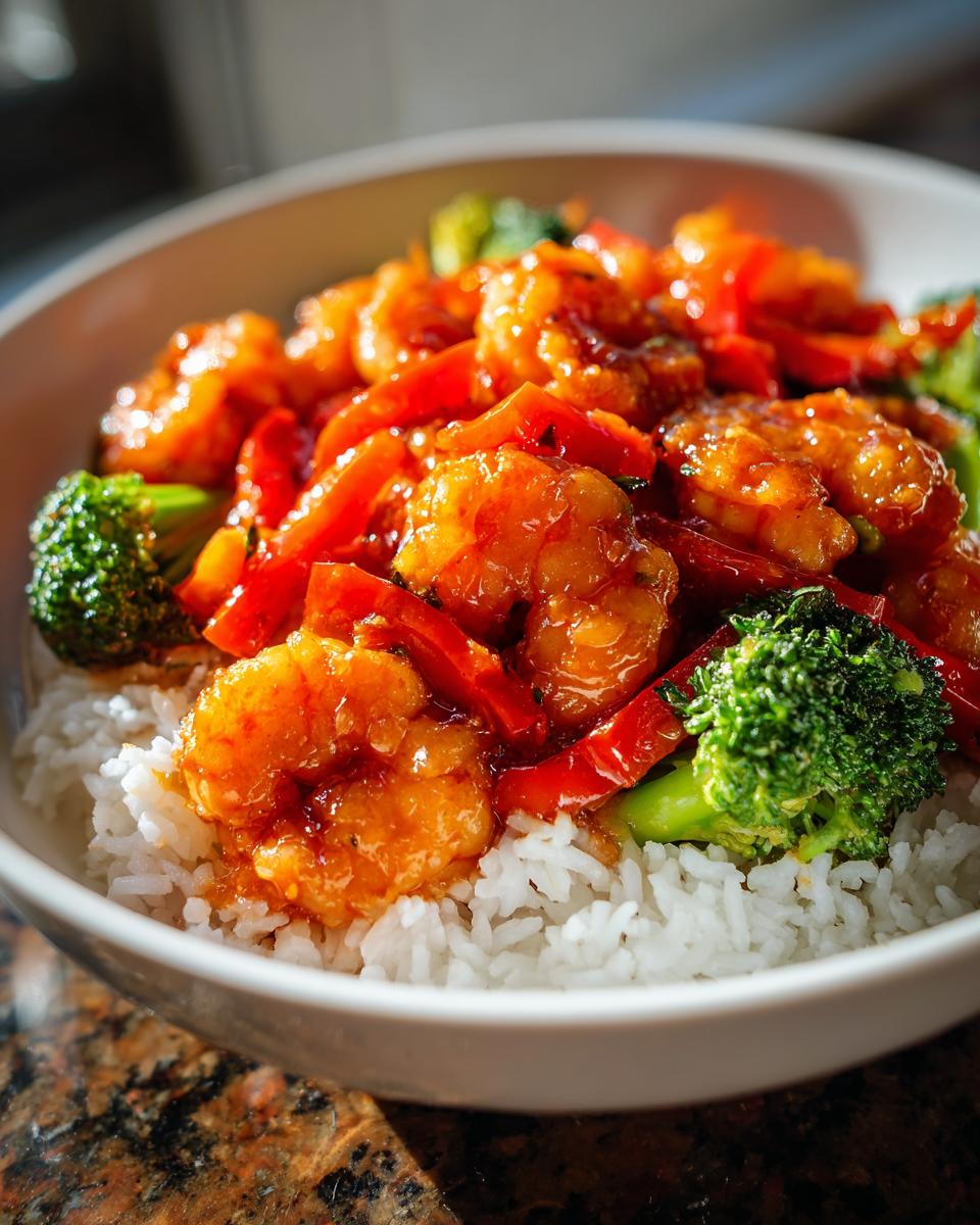 Close-up of Sweet Chili Shrimp Stir Fry with red peppers and broccoli served over a bed of white rice in a bowl.