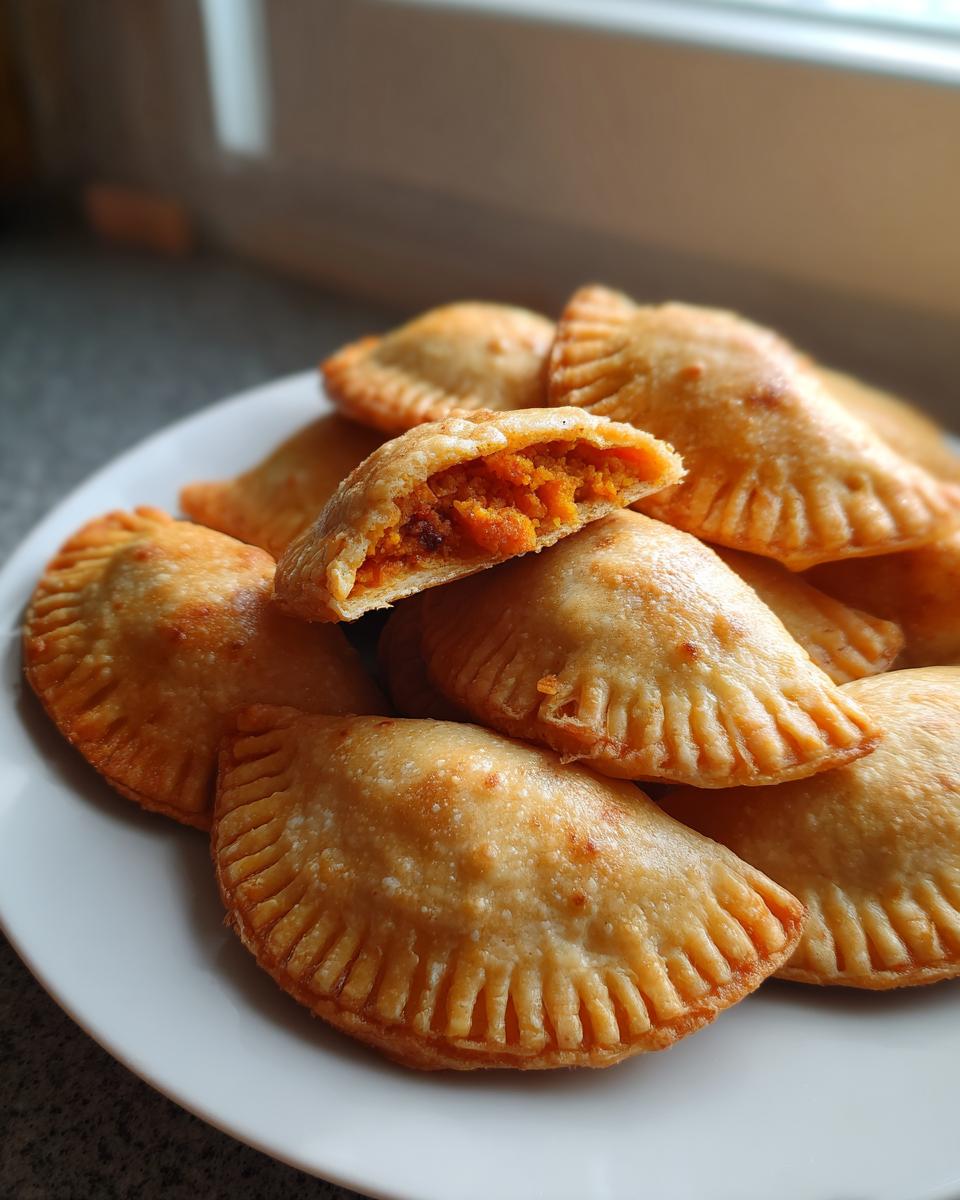 A pile of golden-brown Sweet Potato Chorizo Empanada Bites on a white plate, one is cut open showing the orange filling.