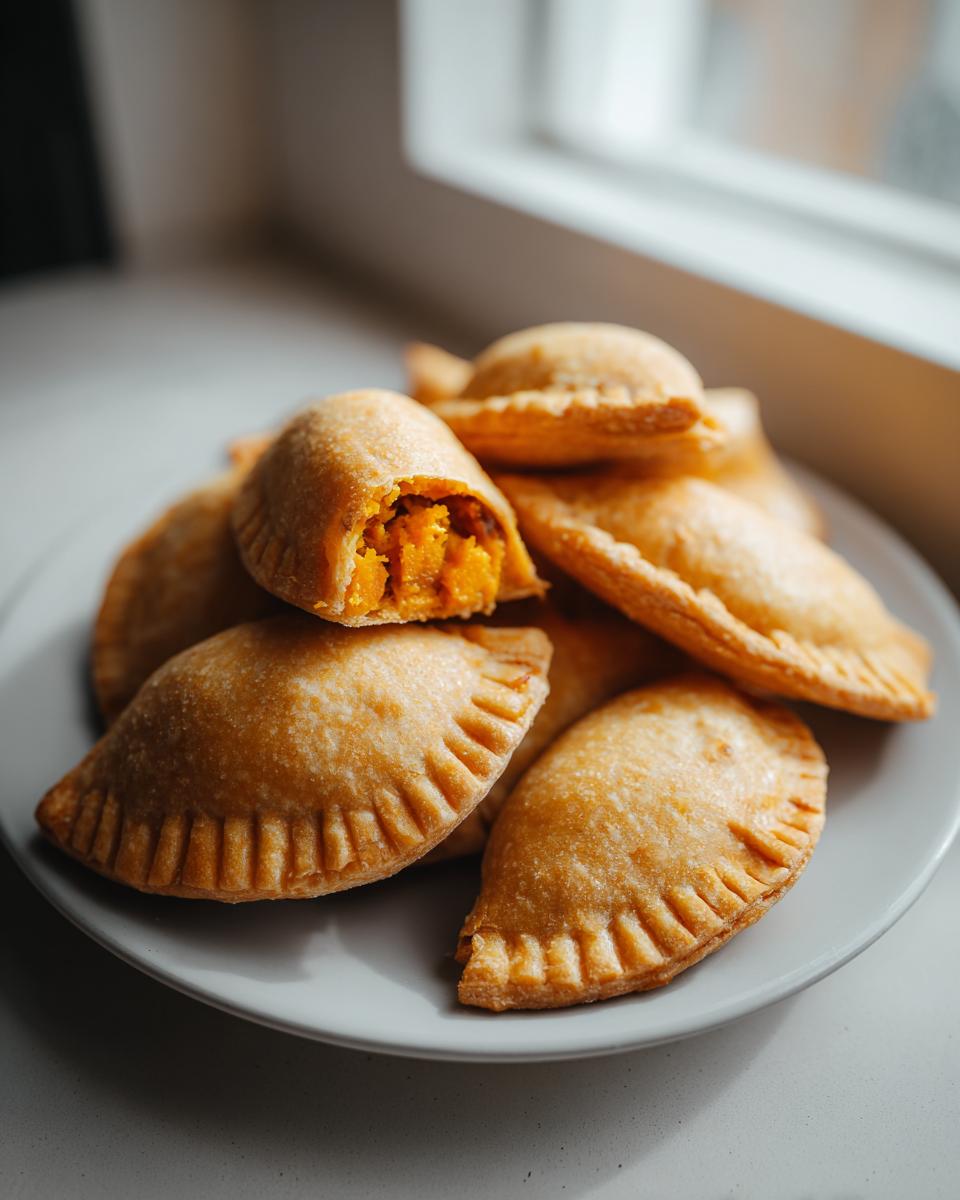 A pile of golden-brown Sweet Potato Chorizo Empanada Bites on a light gray plate, one is broken open showing the orange filling.